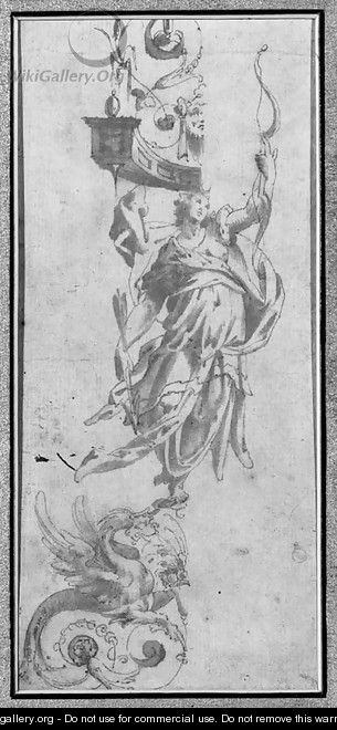 Study for a wall decoration A female figure holding a bow, standing on a griffon and supporting a cornice - (circle of) Marchetti, Marco (Marco da Faenza)