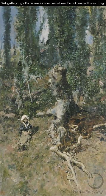 A young girl in a wooded landscape - Mariano Fortuny y Marsal