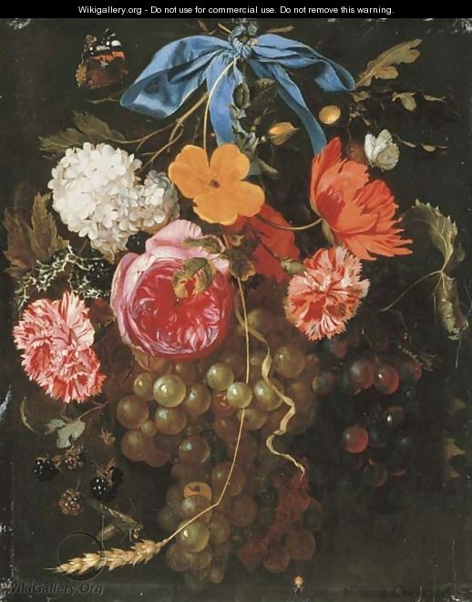 A poppy, a snowball, pink and yellow roses, carnations, grapes, blackberries, an ear of wheat and sprigs of oak and holly suspended by a ribbon - Maria van Oosterwyck