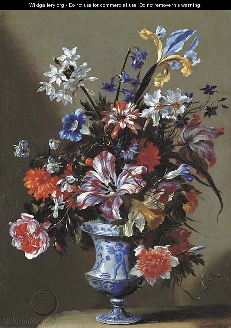 Lilies, peonies, narcissi, morning glory and other flowers in a blue and white vase on a stone ledge - dei Fiori (Nuzzi) Mario