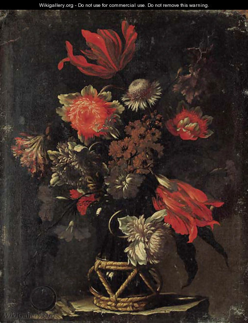 Parrot tulips, chrysanthemums, a thistle, and other flowers in a vase on a stone ledge - dei Fiori (Nuzzi) Mario
