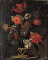Parrot tulips, chrysanthemums, a thistle, and other flowers in a vase on a stone ledge - dei Fiori (Nuzzi) Mario