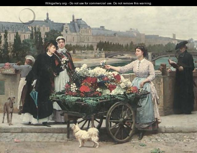 The Flower Seller on the Pont Royal with the Louvre beyond, Paris - Marie Francois Firmin-Girard