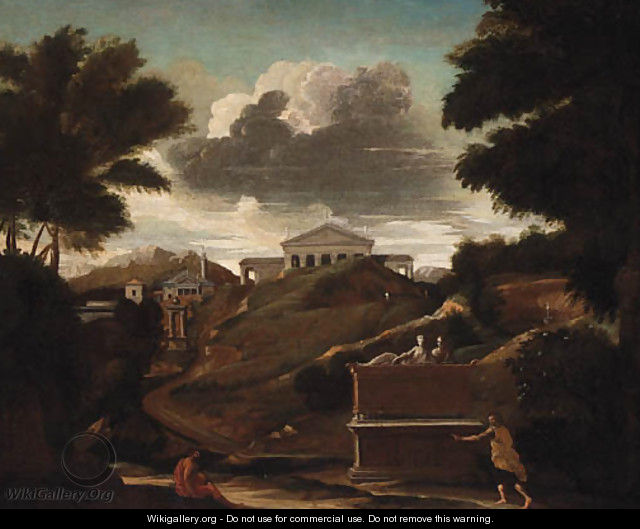 A classical Landscape with Figures by a Tomb, a Temple beyond - (after) Nicolas Poussin