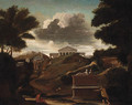 A classical Landscape with Figures by a Tomb, a Temple beyond - (after) Nicolas Poussin
