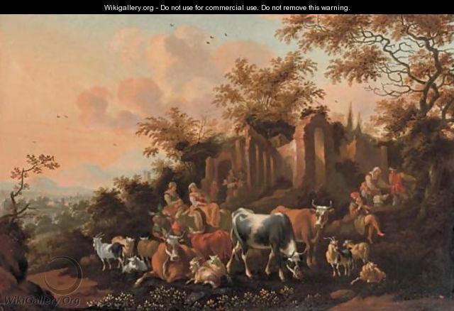 An Italianate landscape with peasants among cows, goats and sheep near a ruin - Nicolaes Berchem