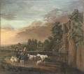 A river landscape with a shepherd and shepherdess on a track with their flock and cattle - (after) Nicolaes Berchem