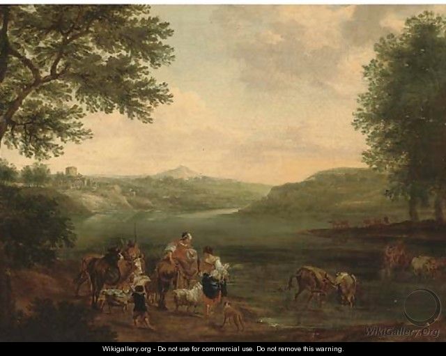 An Italianate landscape with peasants and their cattle fording a river - (after) Nicolaes Berchem