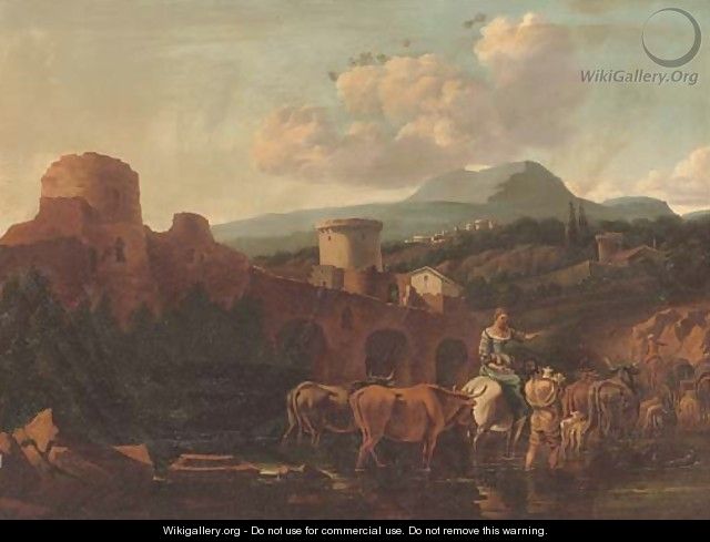 A landscape with drovers and their cattle fording a river - (after) Nicolaes Berchem