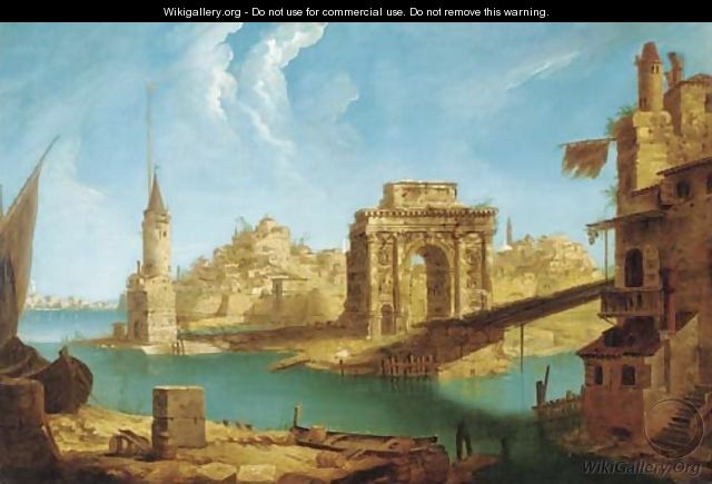 An architectural capriccio of Roman ruins and other buildings in the Laguna - (after) Michele Marieschi