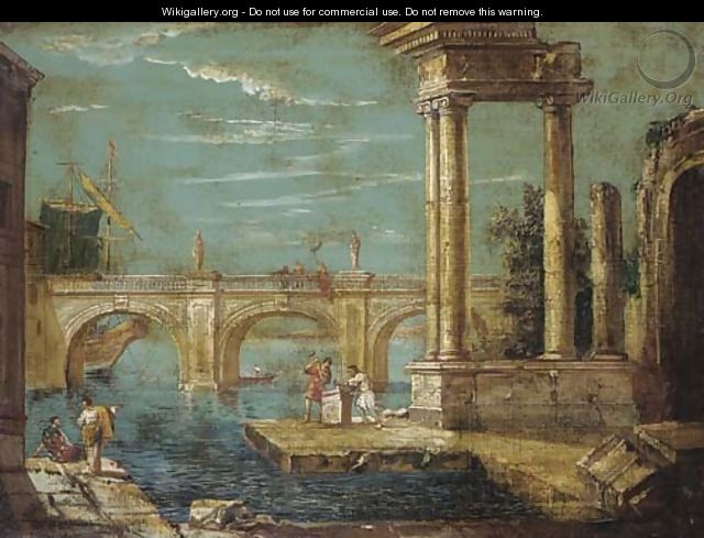 A capriccio of classical ruins and a bridge by a harbour - (after) Michele Marieschi