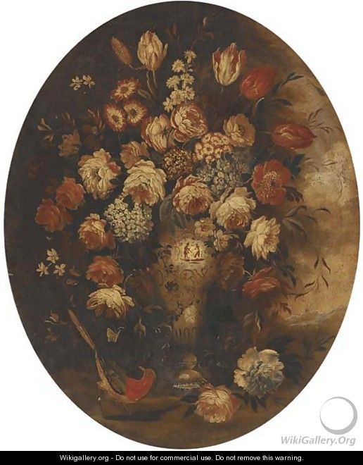 Roses, tulips and other mixed flowers in a chinese vase with a bird - (follower of) Nuzzi, Mario