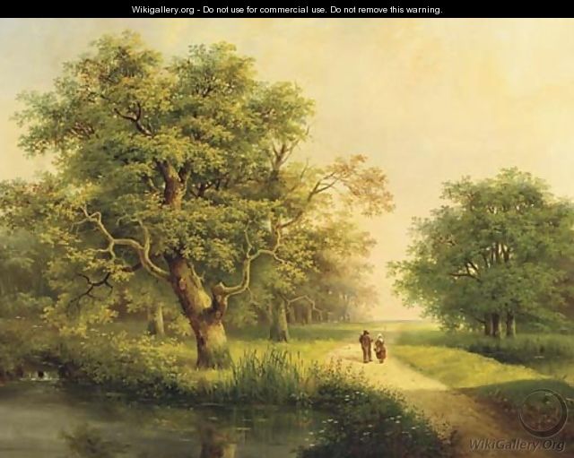 Travellers passing a stream in a wooded landscape - Johannes Hermanus Koekkoek Snr