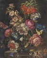 Mixed flowers in a glass vase on a ledge, with a snail and two butterflies - (after) Rachel Ruysch
