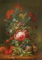 Roses, carnations, poppies and other flowers in a vase, with cherries, grapes and peaches on a wooden ledge - (after) Rachel Ruysch