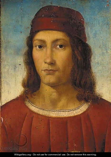 Portrait of a young man, bust-length, in a red tunic and pillbox hat - Pietro Vannucci Perugino
