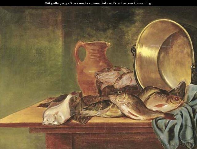 Plaice, red gurnard and other fish in a basket - (after) Pieter Van Schaeyenborgh