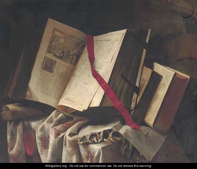 Books on a partly draped table - Pieter Gerritsz. van Roestraten