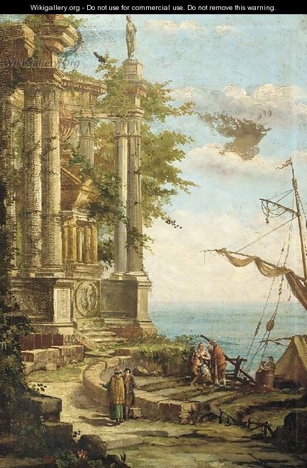 The ruins of a classical mausoleum by a coastal inlet, with figures disembarking from a boat - Pierre-Antoine Patel