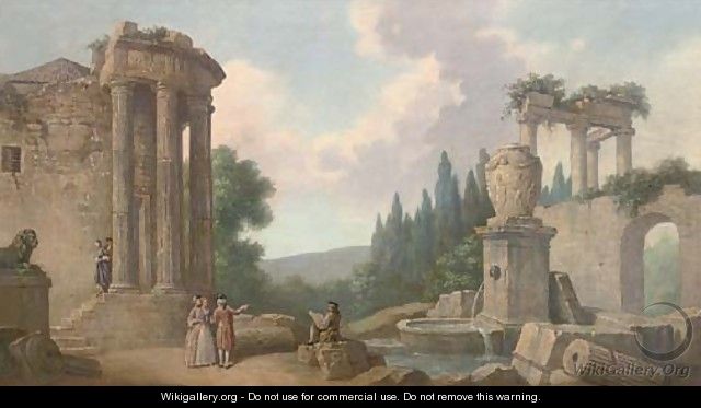 A capriccio of classical ruins with elegant figures - Pierre-Antoine Demachy