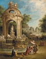 Elegant company by a baroque fountain in an Italianate garden, an ornamental lake beyond - Pierre-Antoine Patel
