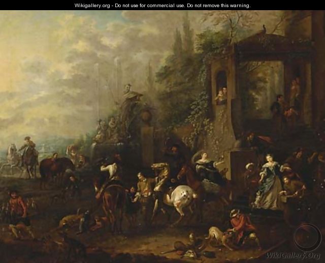 An elegant hawking party before a mansion - (after) Philips Wouwerman