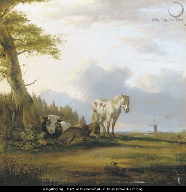 A horse, a donkey and a cow resting near a tree - (after) Paulus Potter