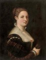 Portrait of a lady, half-length, in a red and black brocade dress with a white lace collar - Paolo Veronese (Caliari)