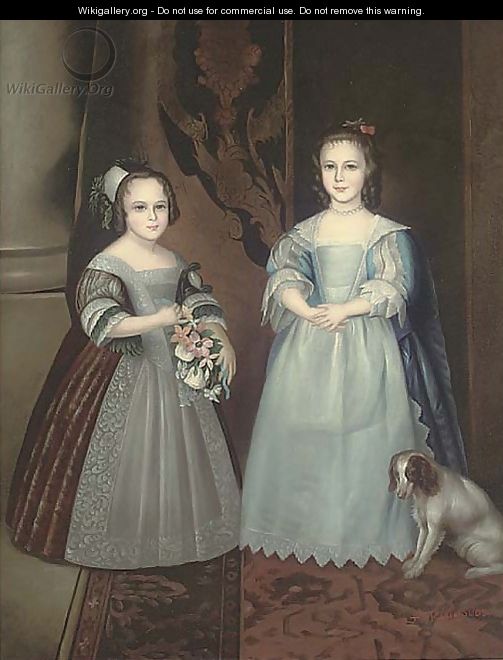 Portrait of two sisters, full-length, one in a blue dress, the other in a brown dress holding a bouquet of flowers - (after) Dyck, Sir Anthony van