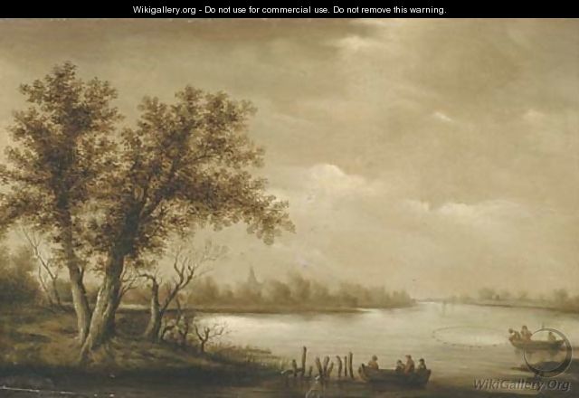A wooded river landscape with fishermen bringing in their catch - (after) Salomon Van Ruysdael