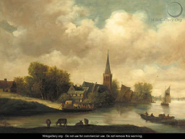 A village on a river with a ferry setting out - Salomon van Ruysdael