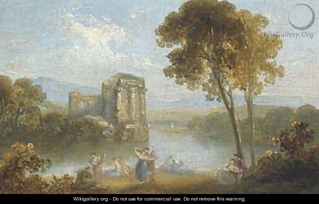 Figures resting in an Italianate landscape; and Figures dancing by a ruined temple and a lake - (after) Richard Wilson