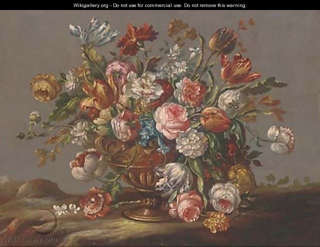 Parrot tulips, roses, narcissi and other flowers in an urn in a clearing - (after) The Pseudo-Guardi