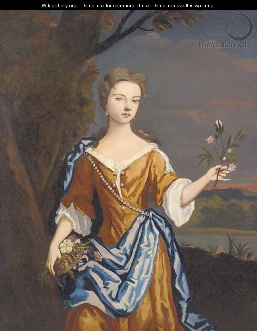 Portrait of a lady, three-quarter-length, in an orange dress and blue wrap, holding a sprig of flowers in her left hand - Sir Godfrey Kneller