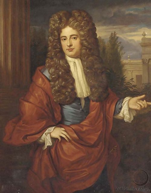 Portrait of a gentleman, half-length, in a blue jacket and red cloak, with a building beyond - Sir Godfrey Kneller