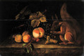 Grapes, peaches, red currants and hazelnuts with a squirrel on a ledge - Jakab Bogdany