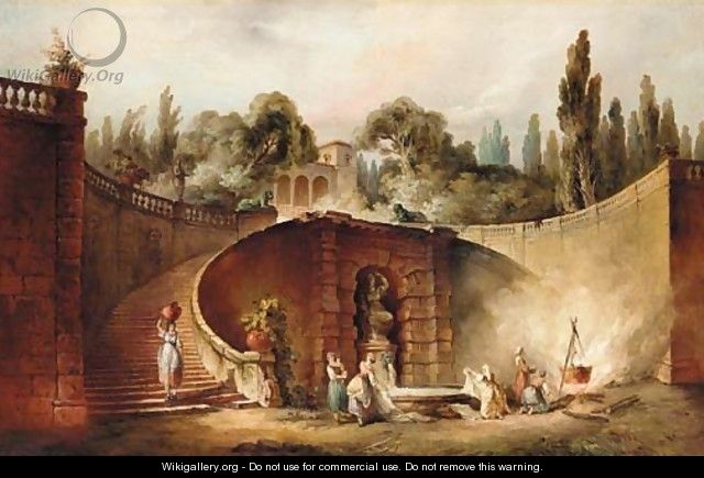 Washerwomen by a fountain in the gardens of the Farnese Palace, Caprarola - (after) Hubert Robert