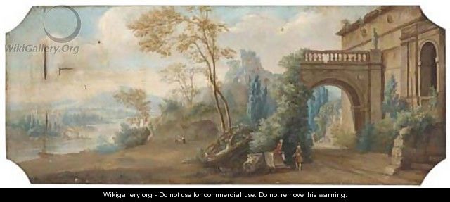 A capriccio of classical ruins near a river with gentlemen conversing - (after) Hubert Robert