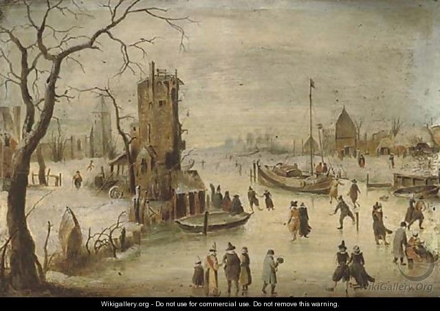 A frozen river landscape with skaters, a church beyond - (after) Hendrick Avercamp