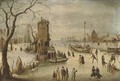 A frozen river landscape with skaters, a church beyond - (after) Hendrick Avercamp