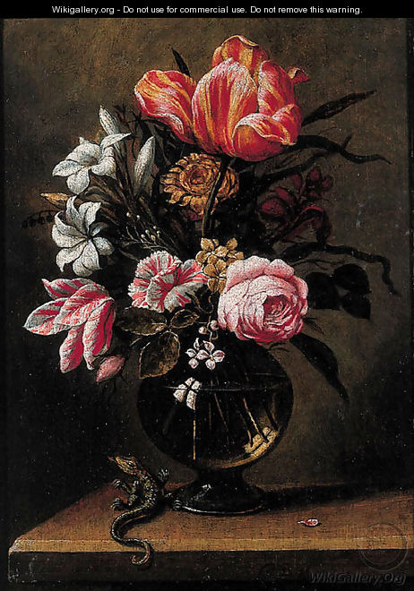 Tulips, roses, carnations and other flowers in a glass vase - (after) Hans Bolongier