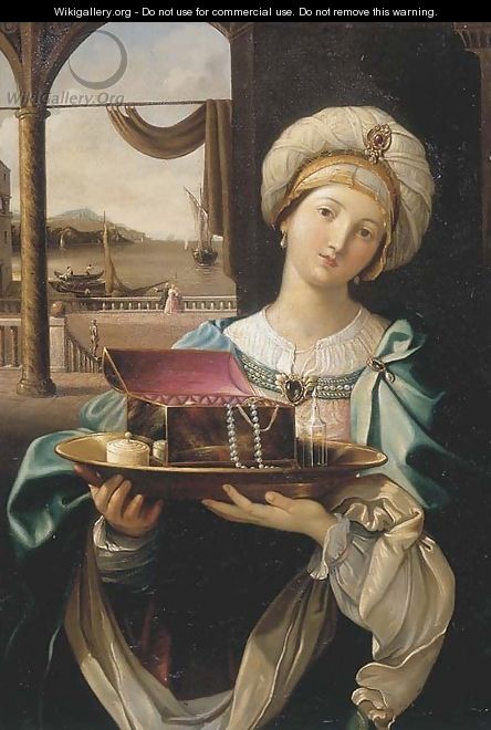A lady holding a silver plate with a jewellery box, a harbour in the distance - (after) Guido Reni