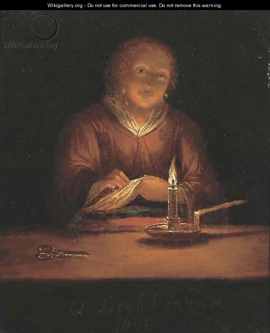 A lady sewing by candlelight 2 - (after) Godfried Schalcken