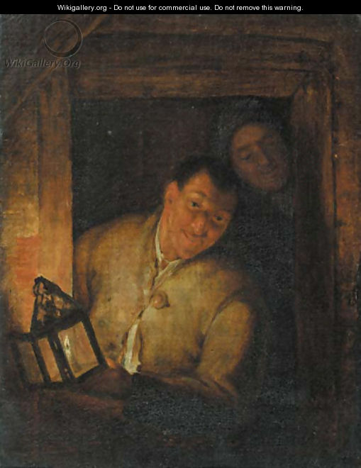 Boors at a window by candlelight - (after) Godfried Schalcken