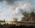 A river landscape on a cloudy day with fishermen with lobsterpots in rowing boats - (after) Jan Van Goyen