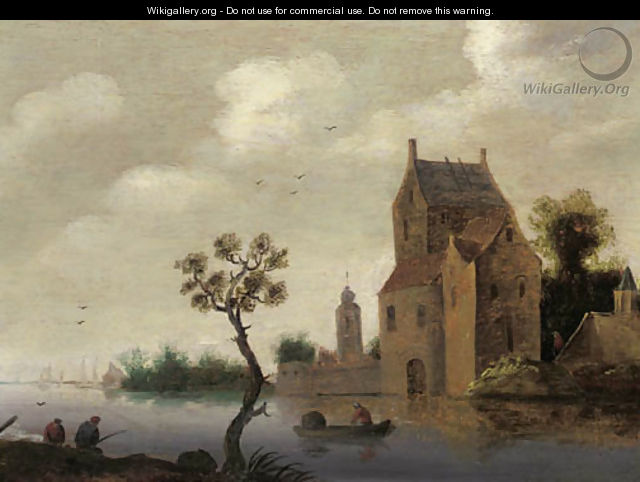 A fortified mansion on a river with fishermen nearby - (after) Jan Van Goyen