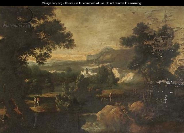A wooded river landscape with figures on a track, a house beyond - (after) Jan Griffier