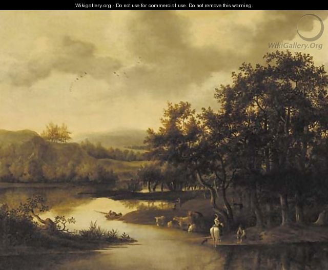 A wooded river landscape with cattle and peasants - (after) Jan De Lagoor