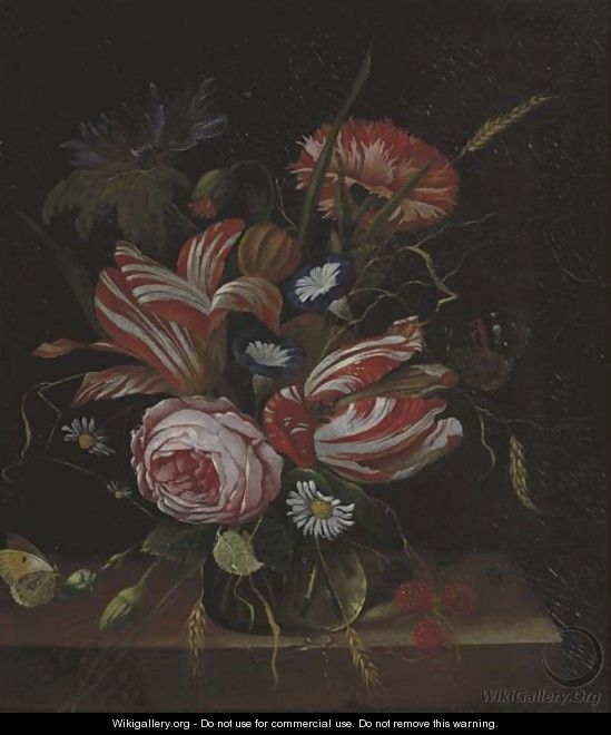 A pink rose, tulips, carnations and other flowers with red berries and butterflies in a glass vase, on a ledge - (after) Jan Davidsz. De Heem