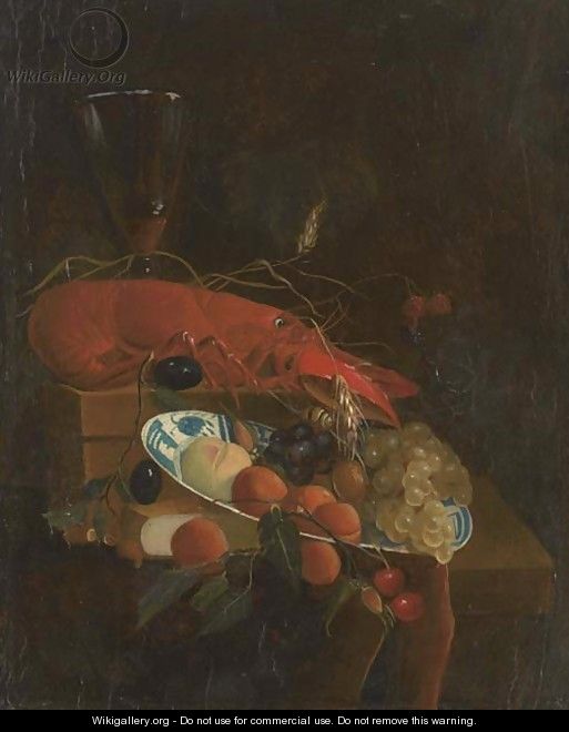 A lobster, a roemer of wine, a book, grapes, cherries, plums and other fruit in a dish on a partly-draped ledge - (after) Jan Davidsz. De Heem